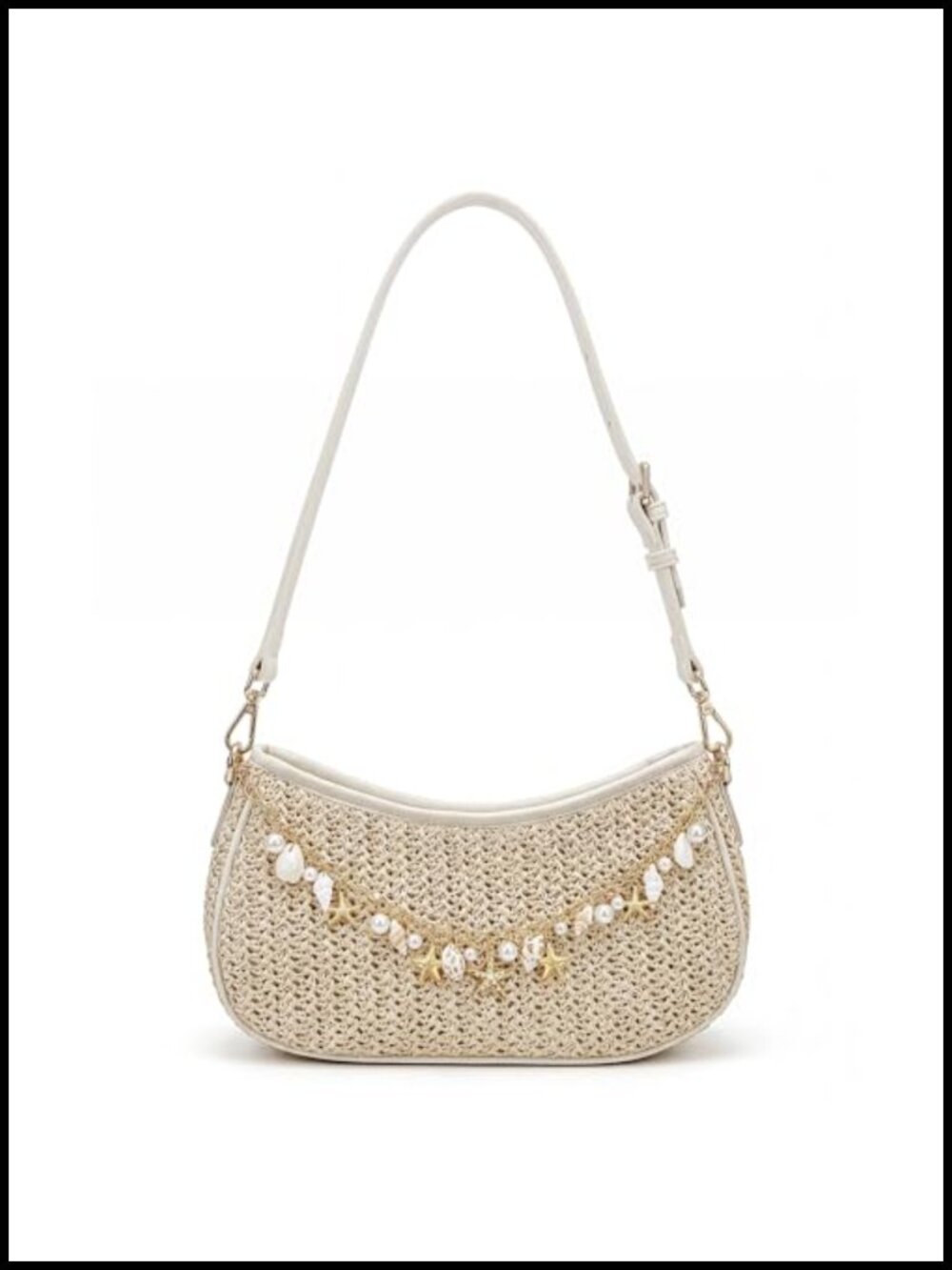 Straw Shoulder Bag with Starfish Shell Charm Woven Boho Summer Purse